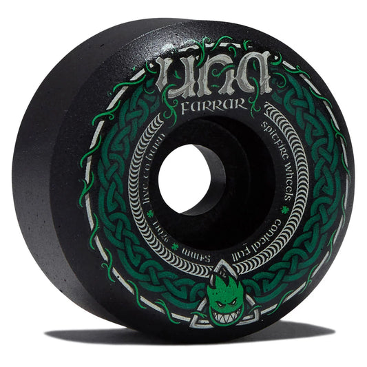 A single black skateboard wheel with green and white graphics, featuring a green skull logo, shown on a white background with a soft shadow.