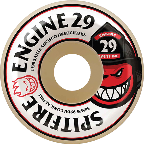 Spitfire skateboard wheel with Engine 29 San Francisco Firefighters branding on a white background