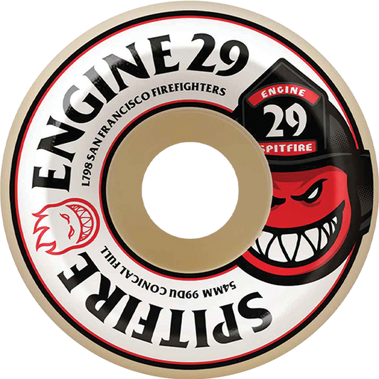 Spitfire skateboard wheel with Engine 29 San Francisco Firefighters branding on a white background