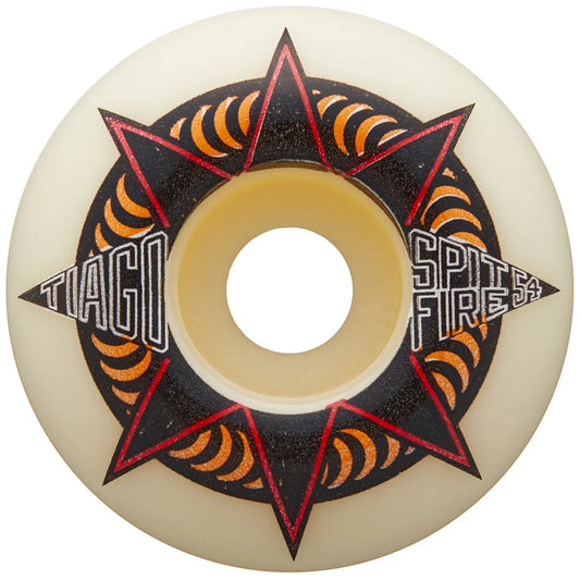 Skateboard wheel with star design and 'Spitfire' branding on a white background