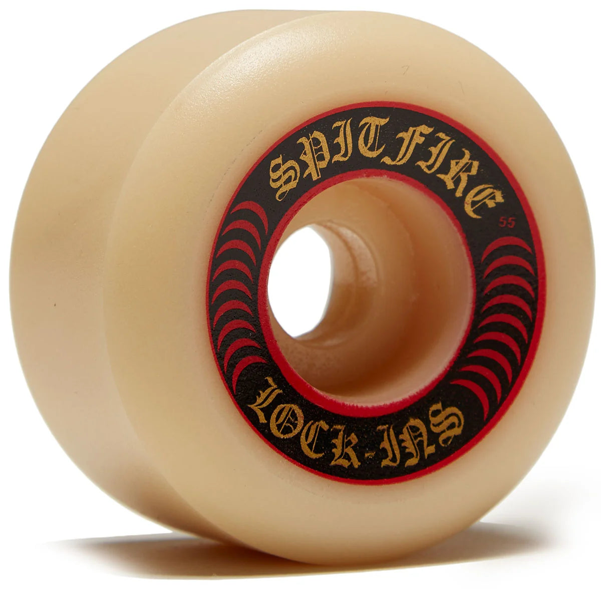 A single skateboard wheel in a translucent cream color, featuring a black and red inner ring with gold lettering that reads 'SPITFIRE' and 'LOCK-INS'.