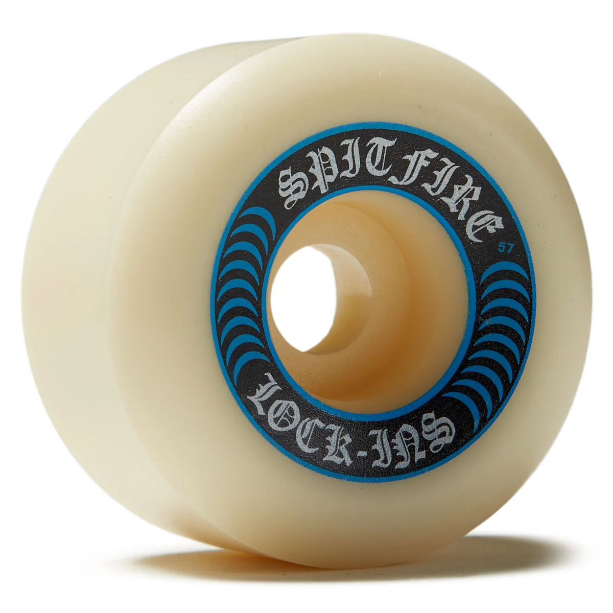 A single cream-colored Spitfire Lock-In skateboard wheel with a blue and black center label, shown on a white background.