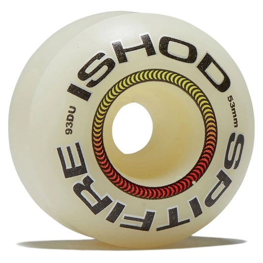 A single Spitfire Ishod skateboard wheel, 53mm and 93DU, featuring a translucent cream-colored urethane body with black branding and a red and yellow graphic ring.
