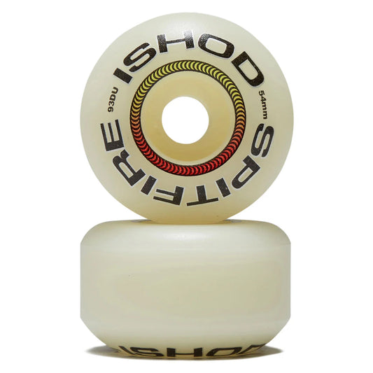 A pair of off-white skateboard wheels stacked vertically on a white background, with the top wheel showing the brand name 'ISHOD' and model 'SPITFIRE' in black text with a red and yellow graphic ring.