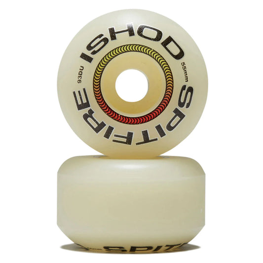 Two off-white Ishod Spitfire 95mm skateboard wheels stacked vertically on a white background, showing the brand name and model number printed on the top wheel.