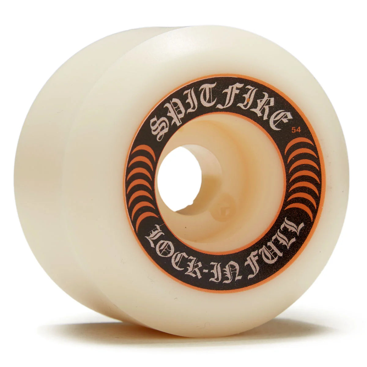 An off-white translucent skateboard wheel with a black and orange inner label reading 'SPITFIRE LOCK-IN FULL' and '54'.
