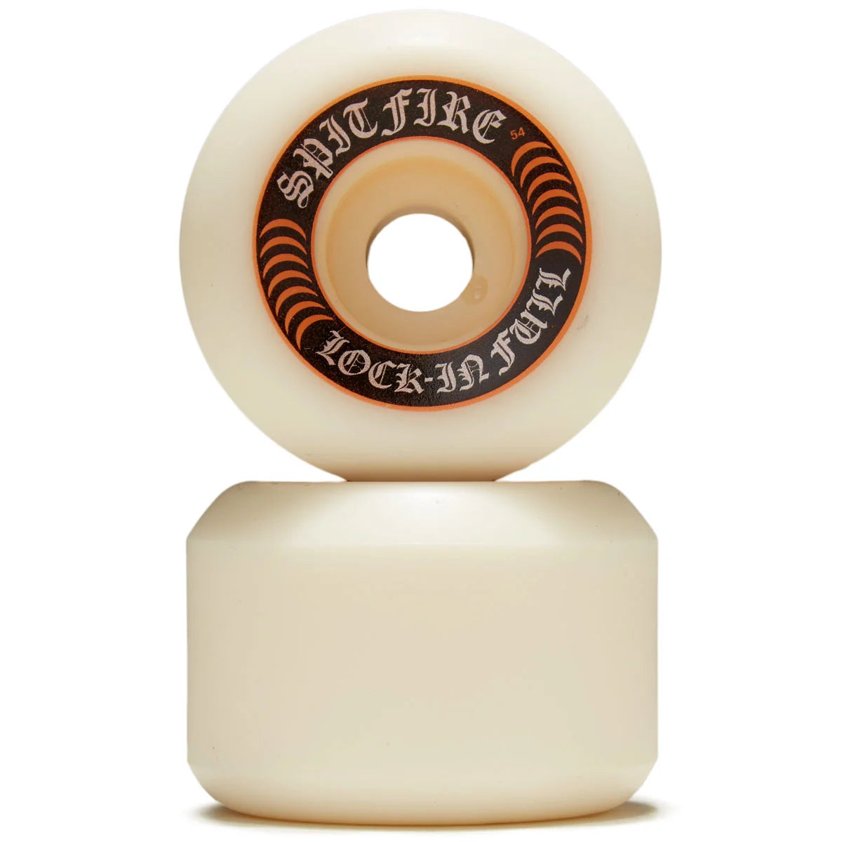 A pair of off-white skateboard wheels stacked vertically on a white background. The top wheel shows the inner graphic with 'SNITFIRE' in a gothic font on a black ring with orange stripes and the words 'LOCK-IN-FULL'.