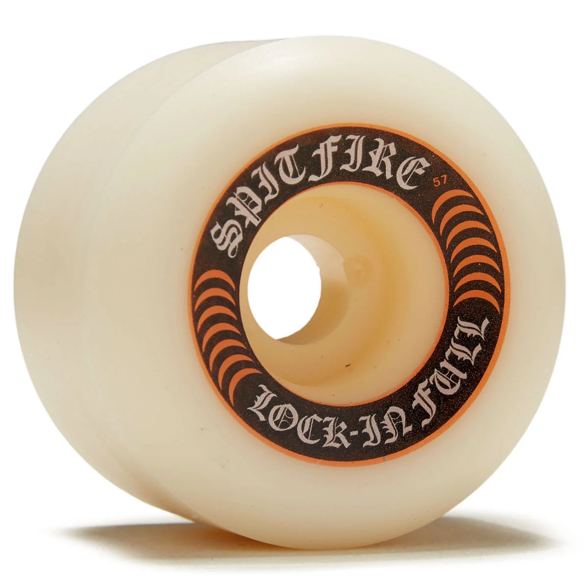 A single Spitfire Lock-In Fall 67 skateboard wheel, featuring a translucent cream-colored urethane barrel with a black and orange center label.
