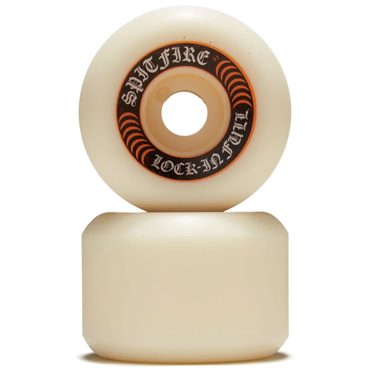 Two cream-colored Spitfire Lock-In Full skateboard wheels stacked vertically on a white background.