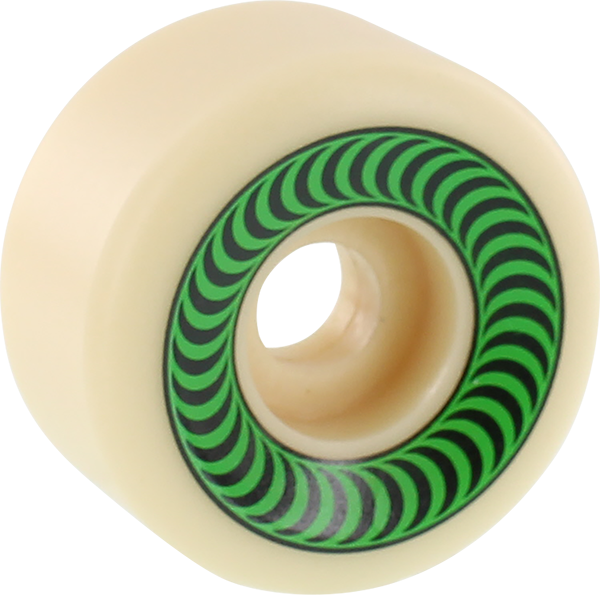 A single Spitfire skateboard wheel with a green and black spiral pattern on it.
