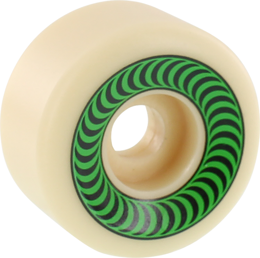 A single Spitfire skateboard wheel with a green and black spiral pattern on it.