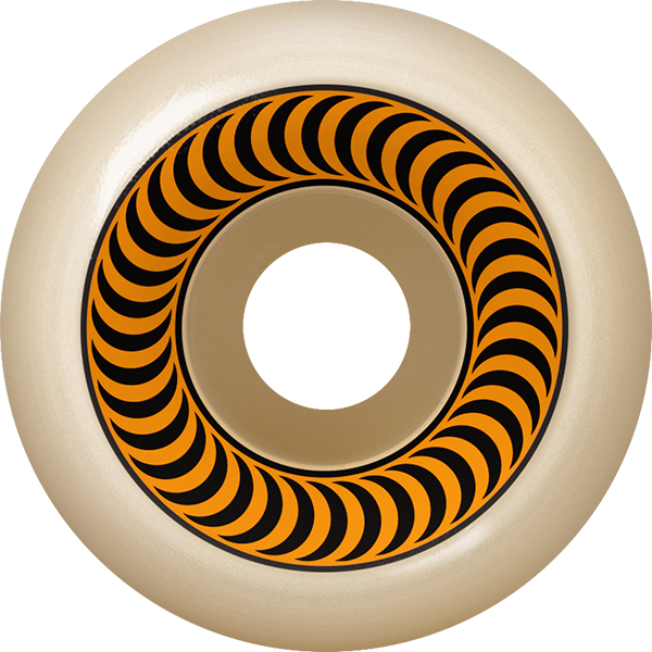 A graphic of a Spitfire Wheels Formula 4 OG Classics skateboard wheel, featuring a black and orange stripe pattern on a light background.