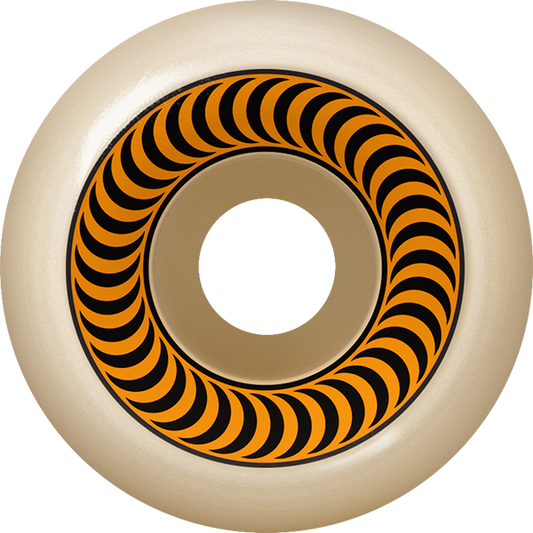 A graphic of a Spitfire Wheels Formula 4 OG Classics skateboard wheel, featuring a black and orange stripe pattern on a light background.