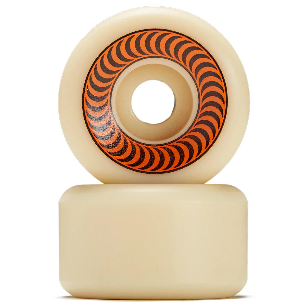 An off-white skateboard wheel stacked on a matching base, featuring a prominent orange and black striped pattern on the inner ring.