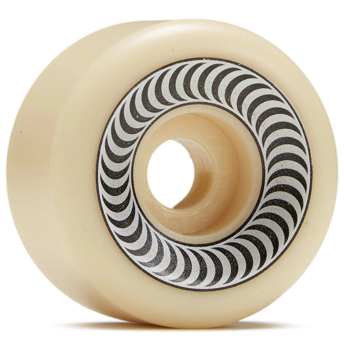 Skateboard wheel with beige rim and black and white patterned center on a white background