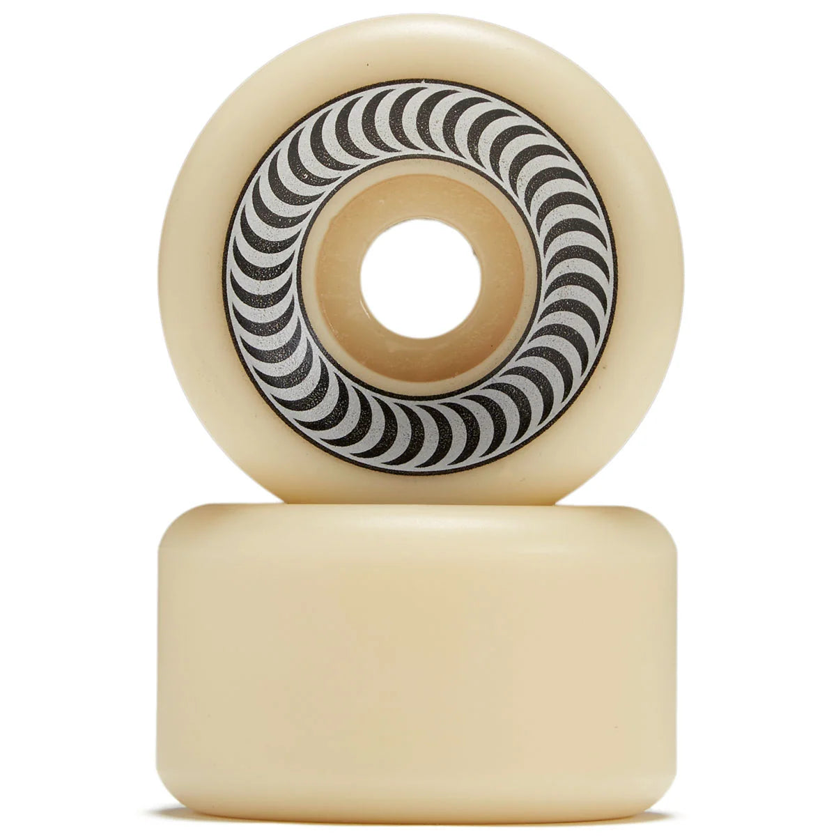 Two cream-colored skateboard wheels stacked vertically on a white background, showing the inner barrel with a black and white wavy pattern.