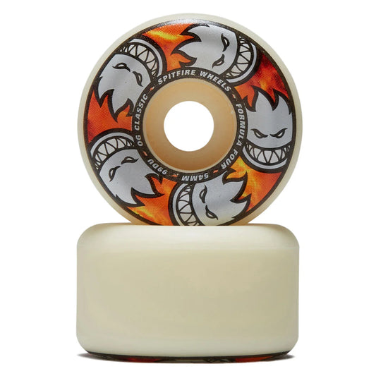 Skateboard wheel with colorful design and 'Spitfire Wheels' branding on a white background