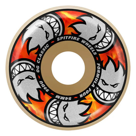 Spitfire Wheels skateboard wheel with flames and logo on a white background