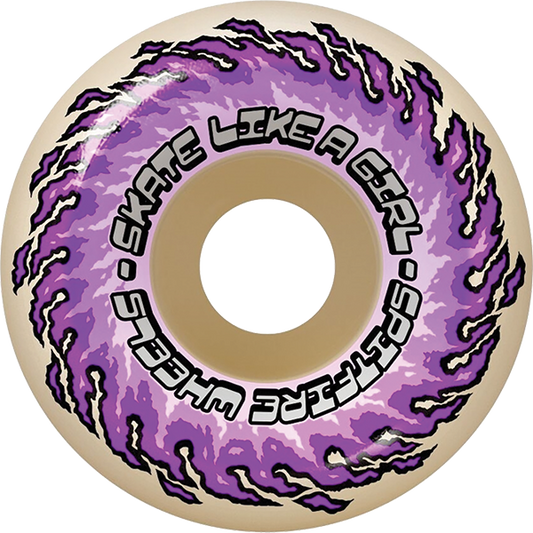 Skateboard wheel with purple and beige design and text on a white background