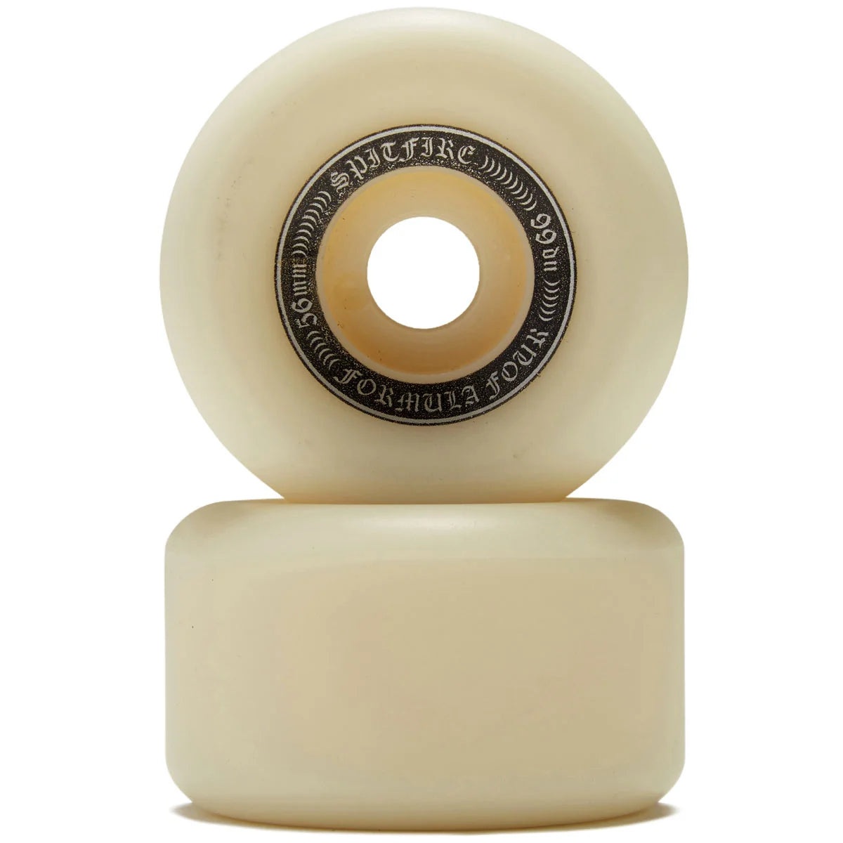Two off-white skateboard wheels stacked vertically on a white background, with the top wheel showing its black inner hub with 'SPITFIRE' branding.