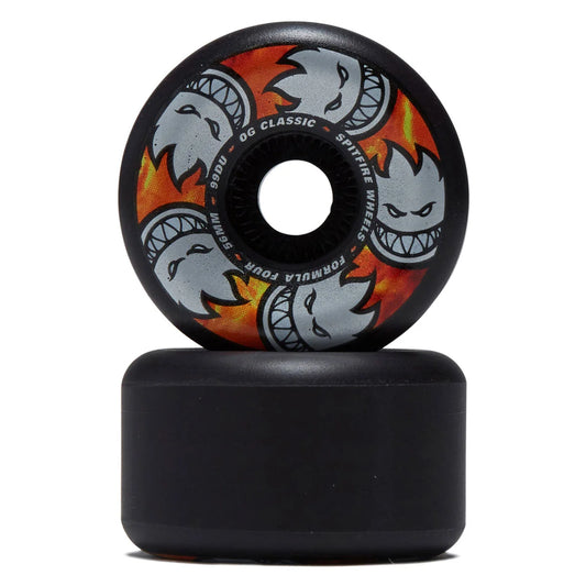 Skateboard wheel with fiery design and brand logo on a white background