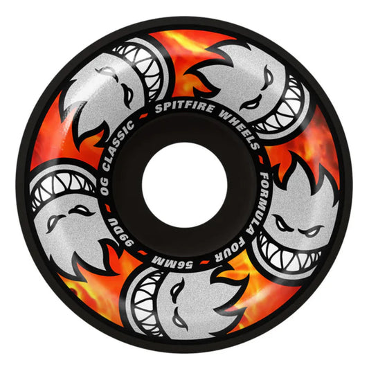 Spitfire Wheels skateboard wheel with flame design and shark mouth logo on a white background
