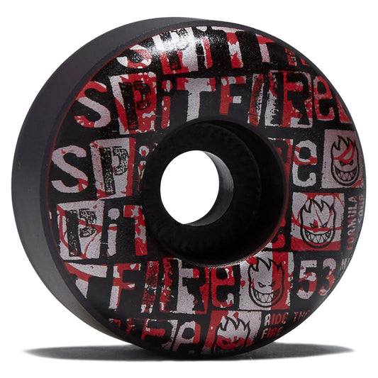 Skateboard wheel with red and white graphics on a black background