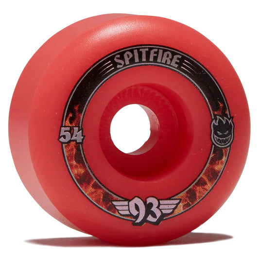 A red Spitfire skateboard wheel with a black and red graphic ring, featuring the Spitfire logo, 'SPITFIRE' text, '93' speed number, and '54' diameter size on a white background.