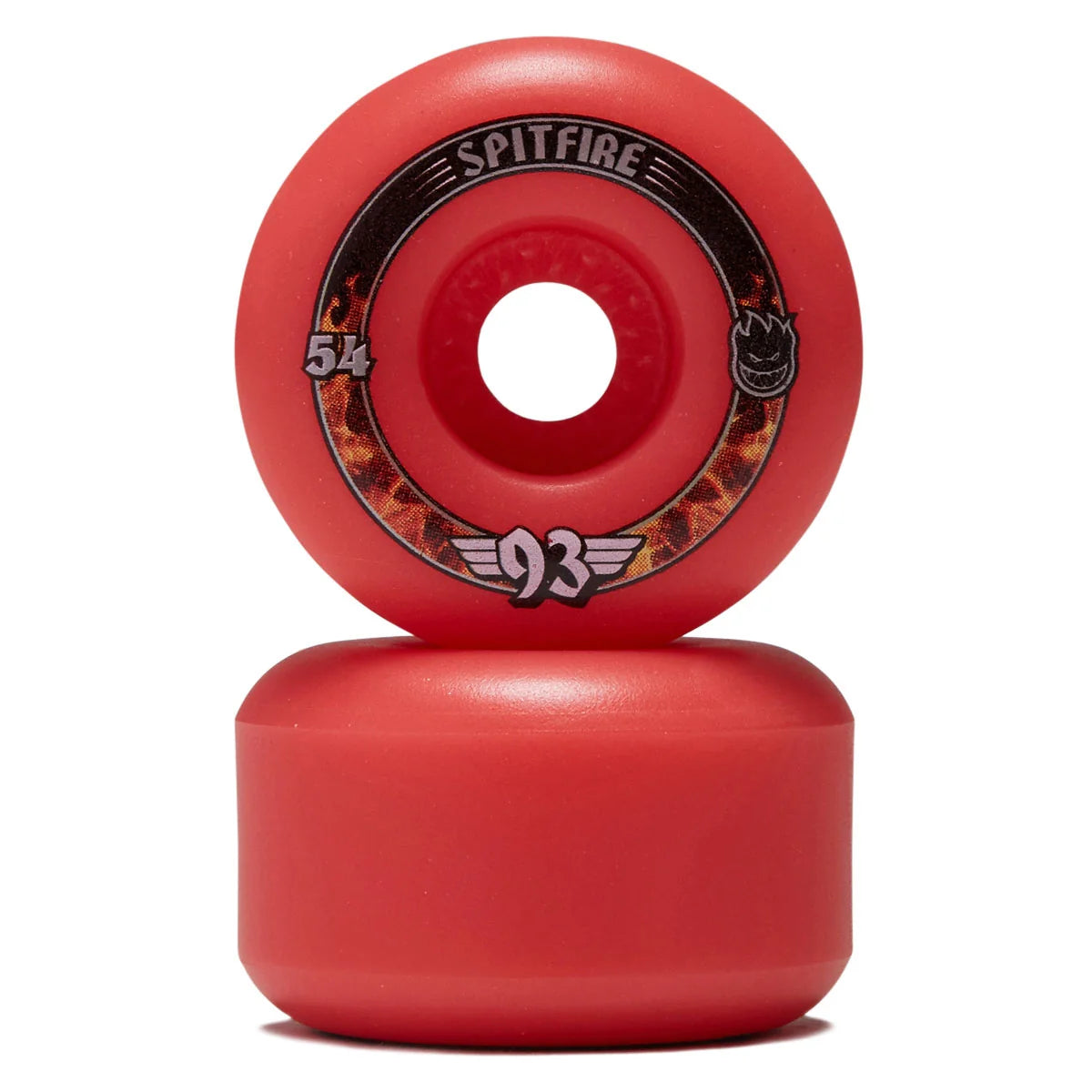 Two red Spitfire skateboard wheels stacked vertically on a white background, with the top wheel showing the Spitfire logo, 93 durometer, and 54mm size markings.