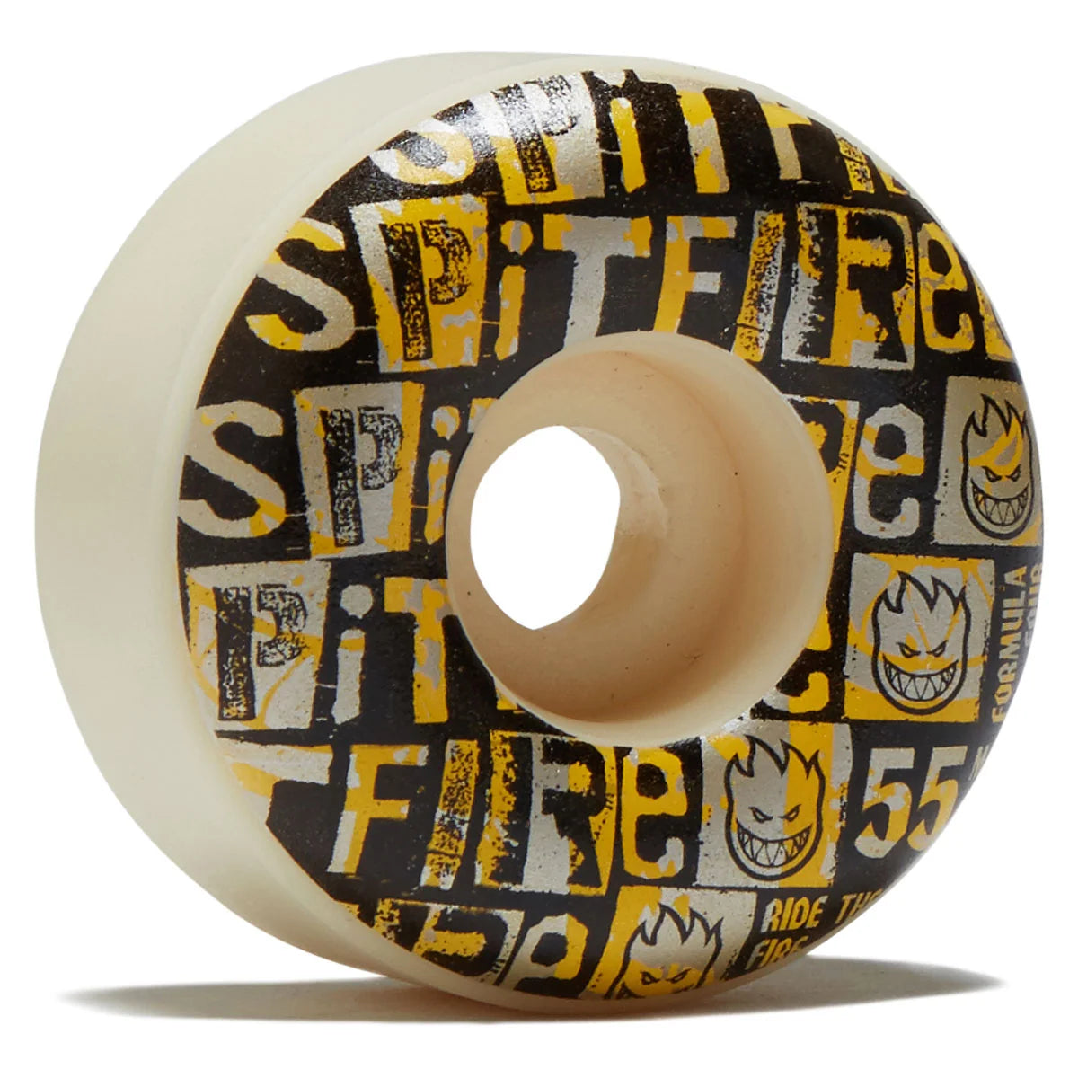 Skateboard wheel with black and yellow graphics on a white background