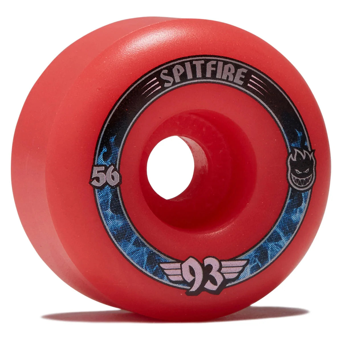 A red Spitfire 93 56mm skateboard wheel on a white background, featuring the Spitfire logo, a black and blue graphic ring, and the number 93.