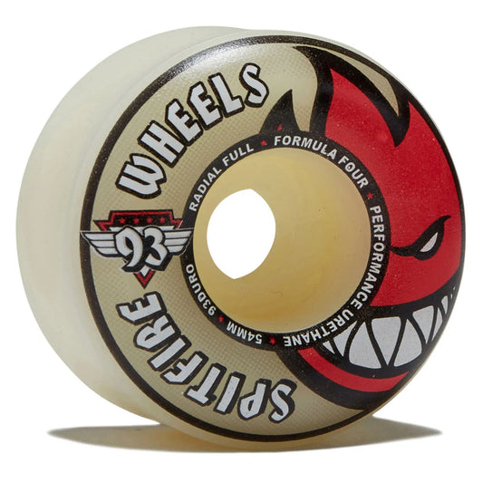 A single Spitfire Wheels skateboard wheel with a translucent cream-colored urethane body and a printed graphic label. The label features the Spitfire logo, the number 93, and a red devil face graphic on a clean white background.