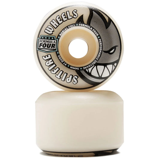 A single Spitfire Wheels skateboard wheel shown upright with its base resting on a matching cream-colored surface. The wheel features a black and gray graphic of a snarling wolf face with the text 'WHEELS' and 'SPITFIRE' in white, along with 'FORMULA FOUR' branding.