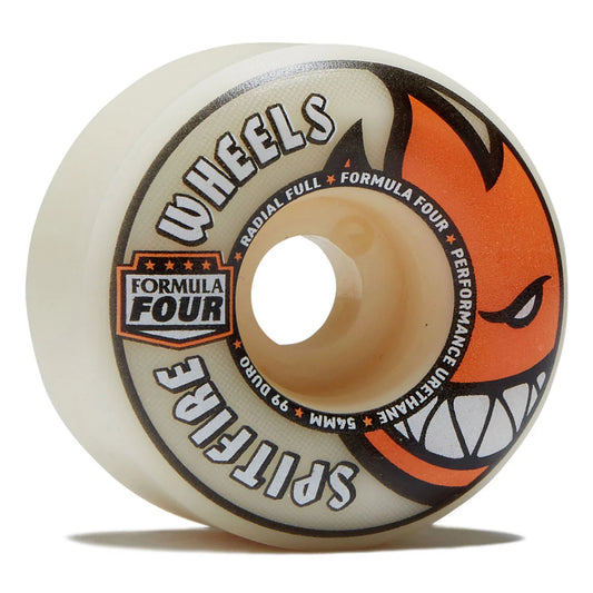 A single skateboard wheel from Formula Four Spitfire, featuring a translucent cream-colored urethane body with a printed graphic. The graphic includes the brand name 'FORMULA FOUR', the model name 'SPITFire', and an orange and black stylized monster face logo.