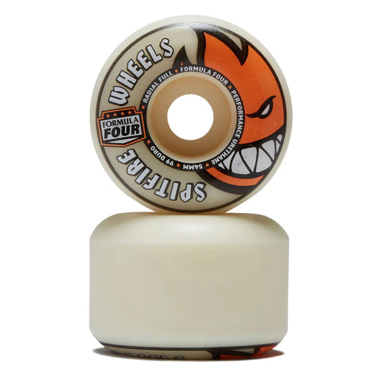 A single skateboard wheel shown upright above its matching cream-colored urethane base on a clean white background. The wheel features a graphic design with the brand name 'Spitfire' in large white text, an orange fox head illustration, and 'Formula Four' branding.