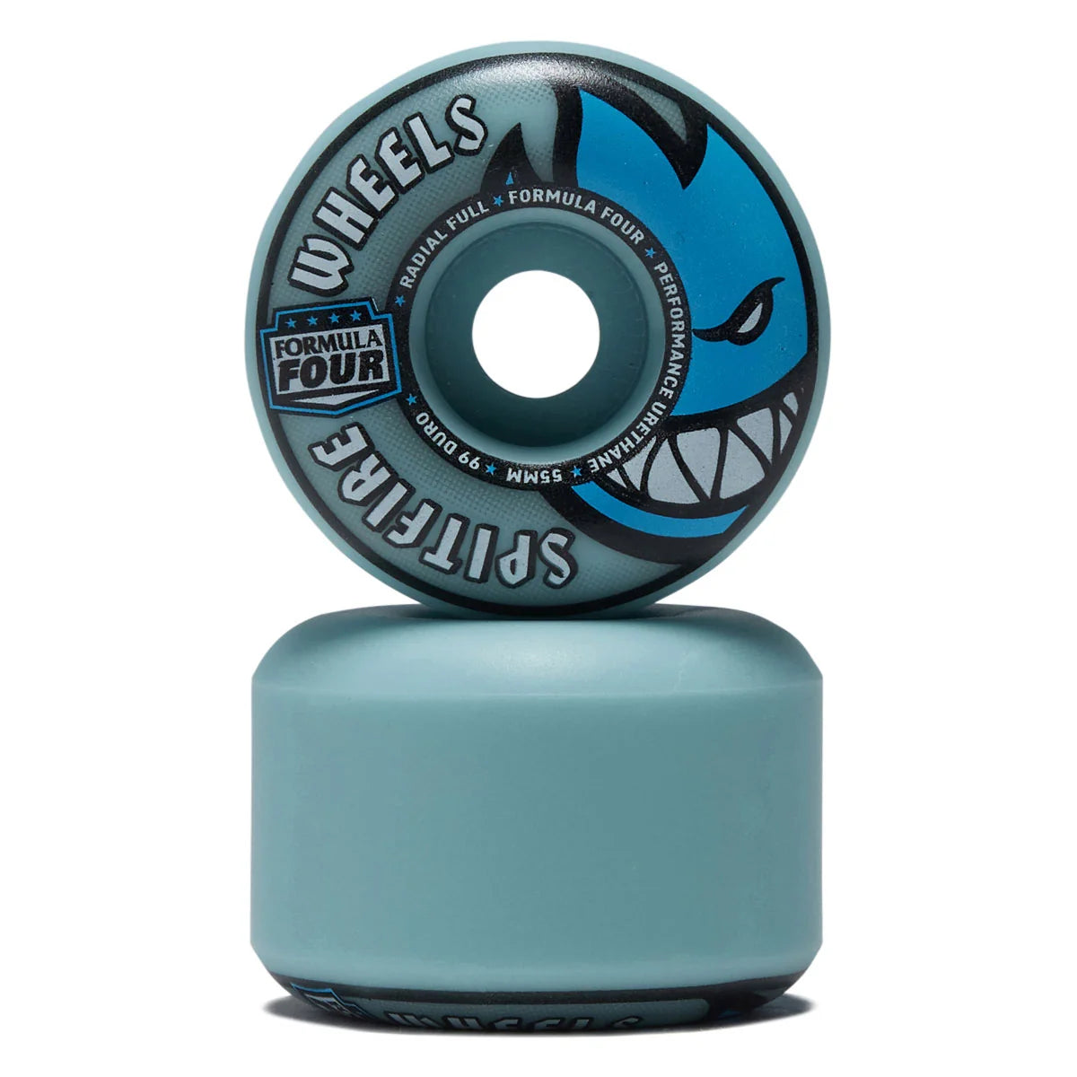 Teal and blue skateboard wheel with 'Formula Four' branding on a white background