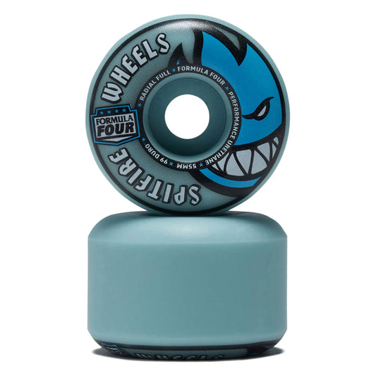 Teal and blue skateboard wheel with 'Formula Four' branding on a white background