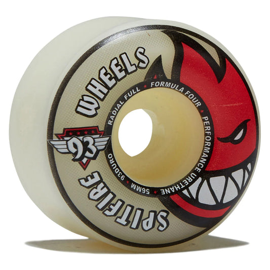 A single Spitfire Wheels skateboard wheel with a translucent cream-colored urethane body, featuring a printed graphic with a red devil face and black text details.