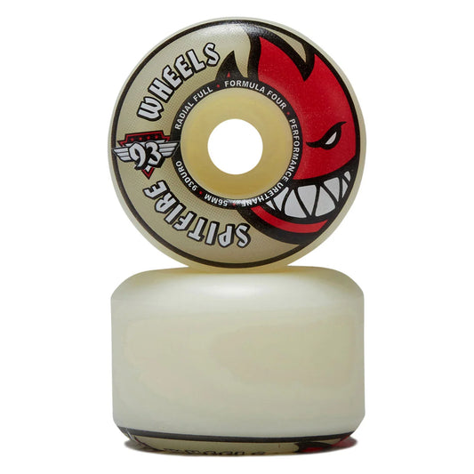 A single Spitfire wheels skateboard wheel shown upright with the top face visible above the base. The wheel has a red devil face graphic, black text reading 'WHEELS' and 'SPITFIRE', and a cream-colored core and base on a white studio background.