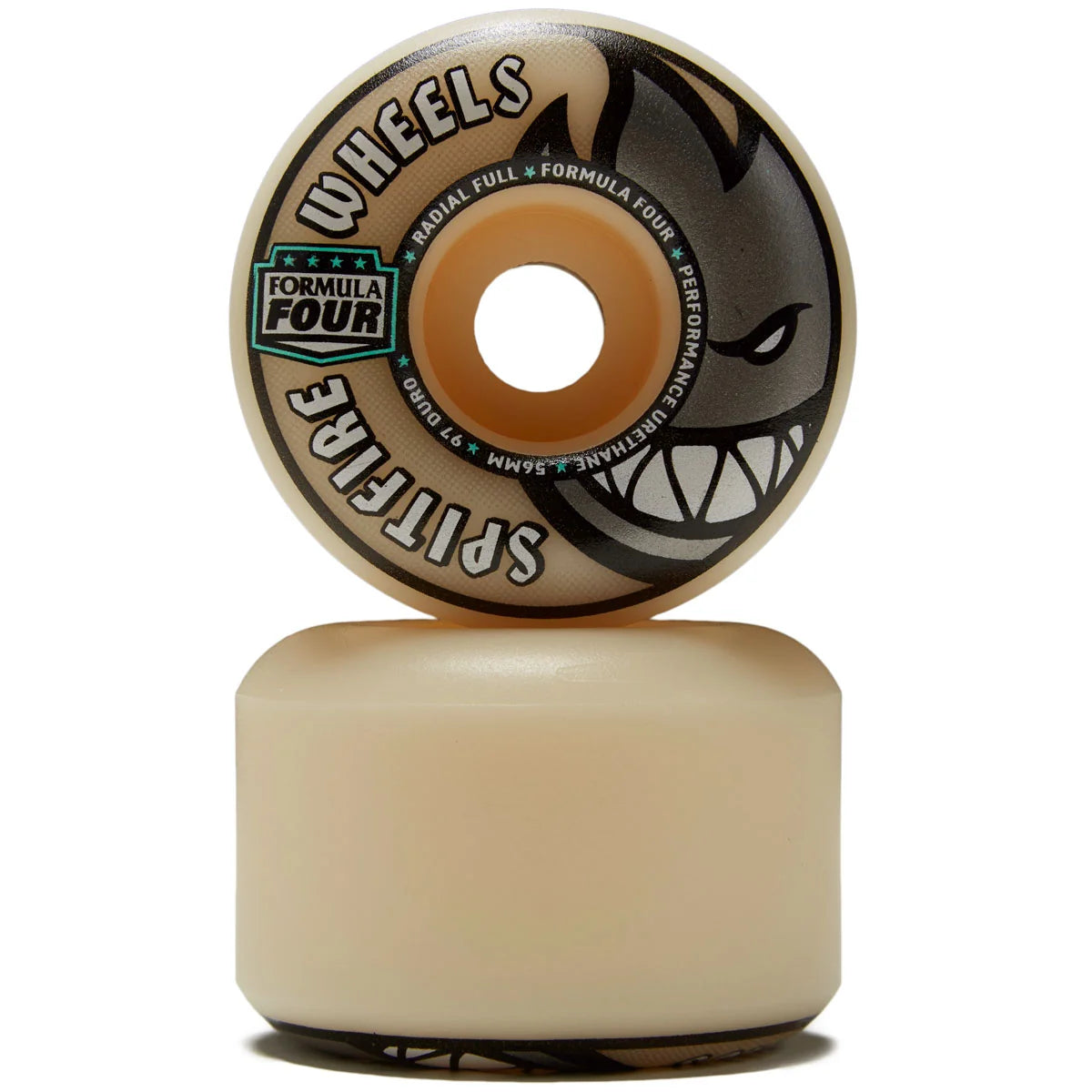A pair of Spitfire Wheels Formula Four skateboard wheels stacked vertically on a white background, showing the front wheel face with its graphic design and the rear wheel body.