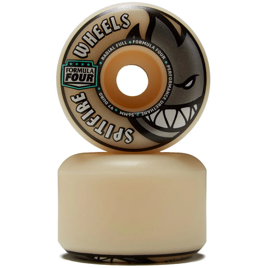 A pair of Spitfire Wheels Formula Four skateboard wheels stacked vertically on a white background, showing the front wheel face with its graphic design and the rear wheel body.