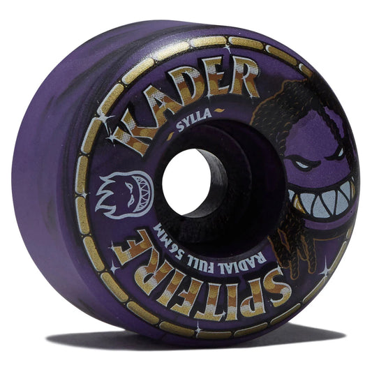 A single purple skateboard wheel with gold and white graphics, featuring the brand name 'KADER' and model text 'SYLLA' on a white background.