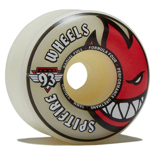 A single Spitfire Wheels skateboard wheel with a translucent cream urethane body, featuring a red and black devil face graphic and white text on a clean white background.