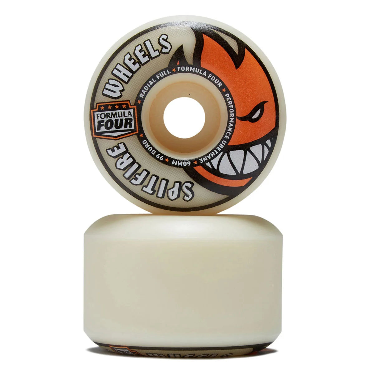 A Santa Cruz Spitfire Wheels Formula Four skateboard wheel shown from two angles: one upright view displaying the printed graphics and the side profile of the cream-colored urethane, and one side view showing the solid cream urethane body.