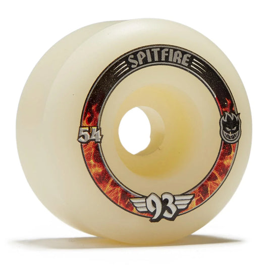 Spitfire skateboard wheel with flame design and branding on a white background