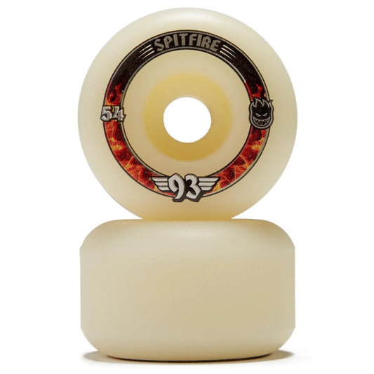 A pair of Spitfire 93 54mm skateboard wheels stacked vertically on a white background, showing the cream-colored urethane and the red and black graphic design on the top wheel.