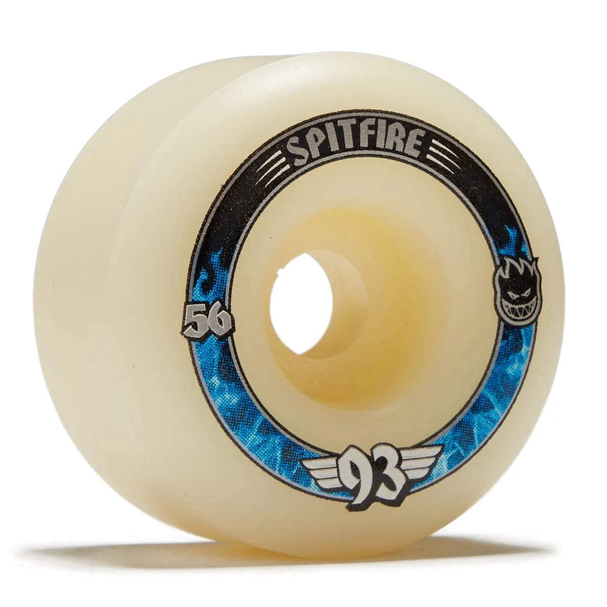 A single Spitfire skateboard wheel in a translucent cream color, featuring a black and blue graphic ring with the Spitfire logo, '56', and '93' on a white background.