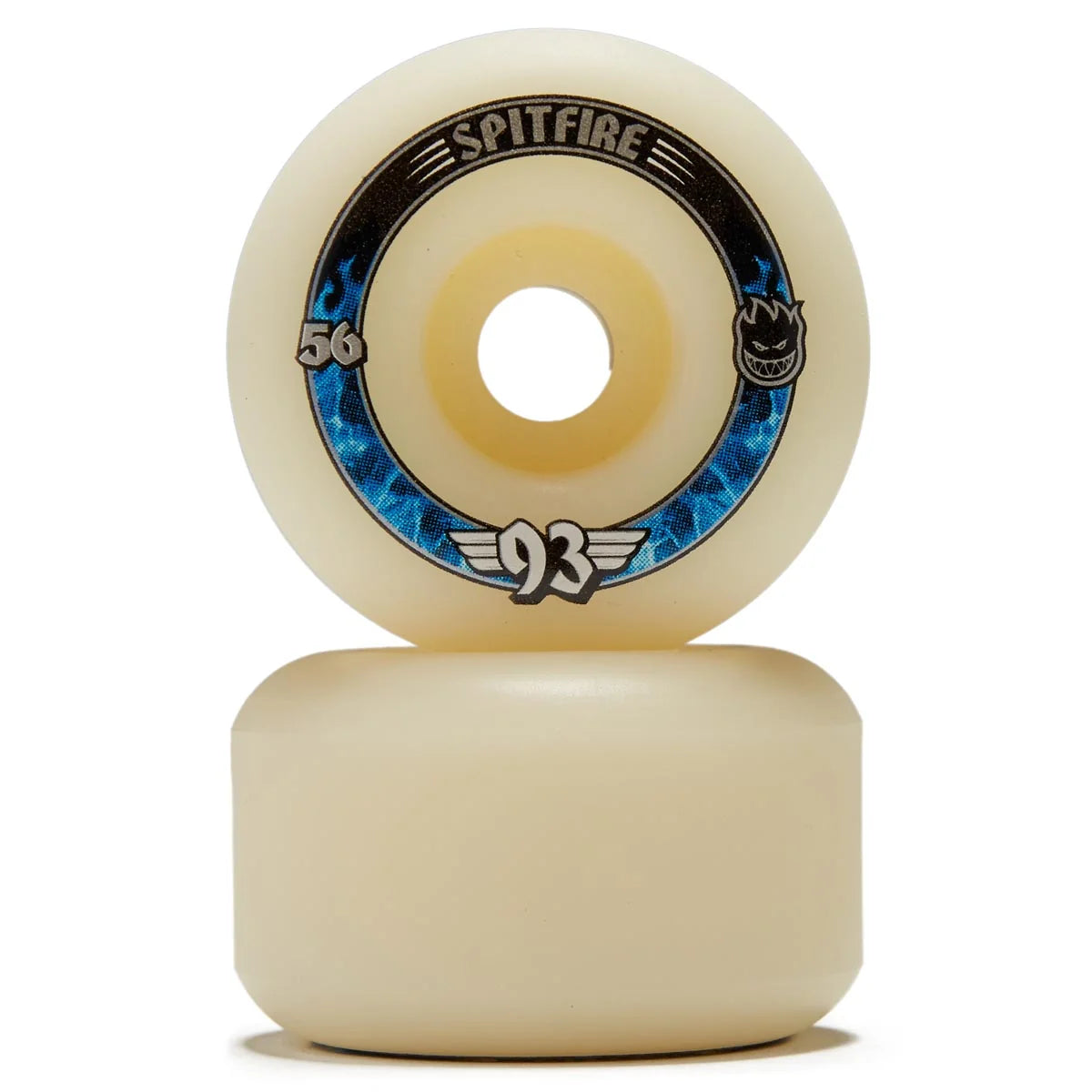 Spitfire skateboard wheels with blue and black design on a white background