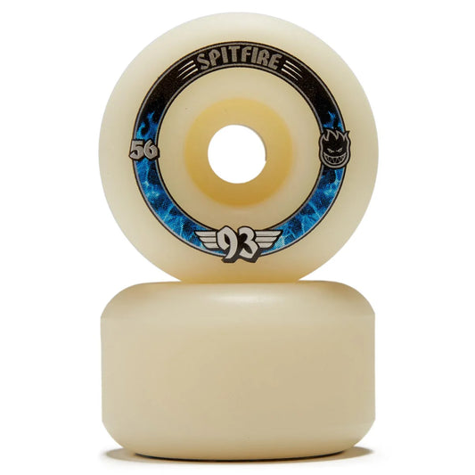 Spitfire skateboard wheels with blue and black design on a white background