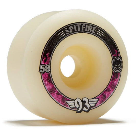 A single Spitfire skateboard wheel in a translucent cream color, featuring a black and pink graphic ring with the Spitfire logo, '58', and '93'.